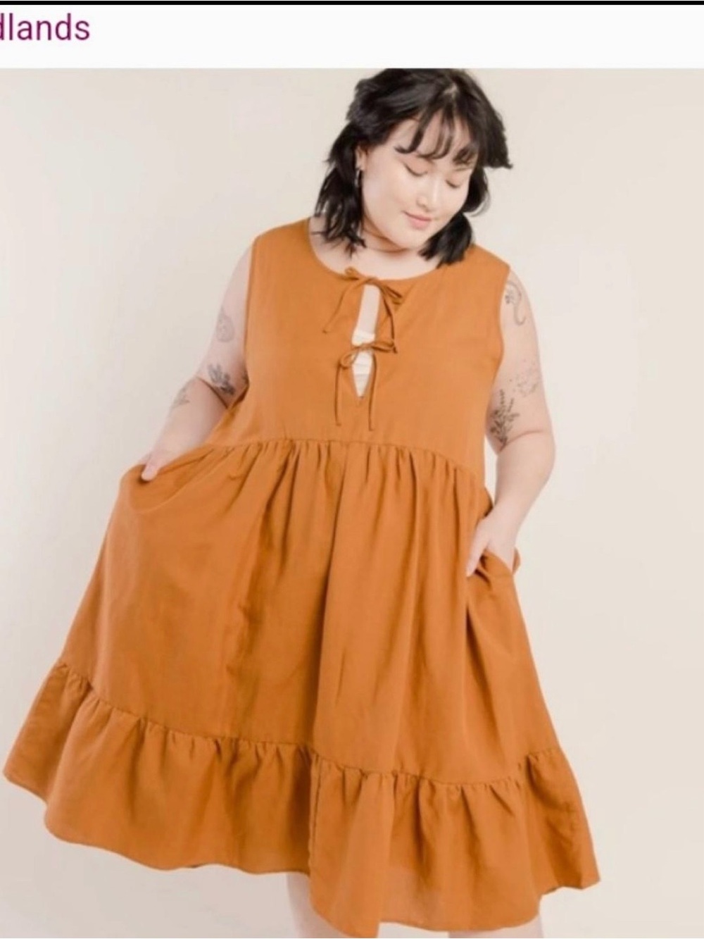 Tradlands Birdie Sleeveless Tie-Front Tiered Midi Dress in Rust